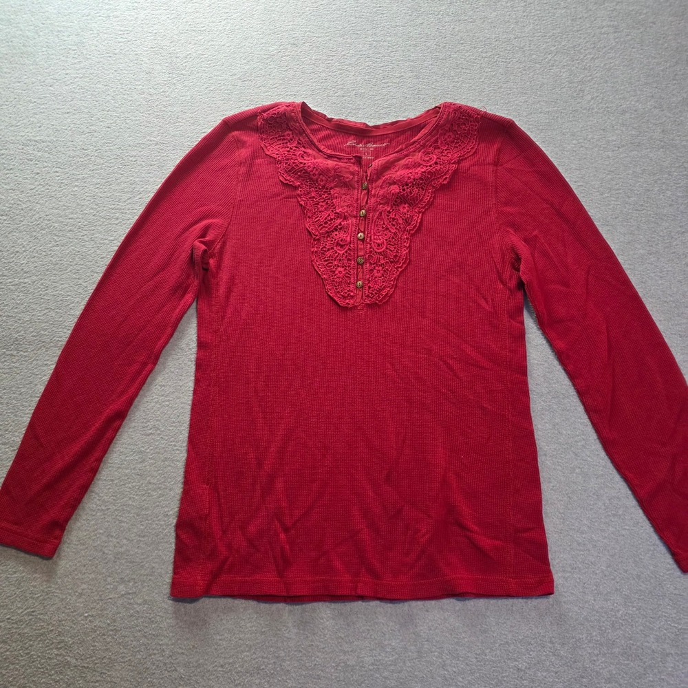 Eddie Bauer Henley Shirt Womens Large Red Long Sleeve Embroidered Lace Bib Top
